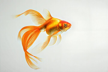 A goldfish with long fins on a white background. The fish is the main focus of the image and it swims gracefully.