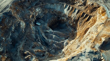 Aerial view of an opencast mining quarry for the extraction of gold, copper, silver, or platinum. the image shows terraced layers and heavy machinery.