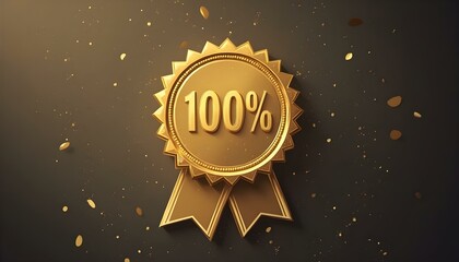 Gold badge rosette seal with 100% representing achievement recognition and success