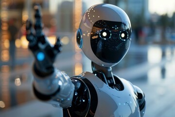 Fototapeta premium White humanoid robot standing and pointing with its finger in a blurred urban environment