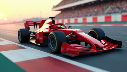 Fototapeta premium A red race car is speeding down a track. The car is in the middle of the track and is the only car visible. The track is surrounded by a red and white striped fence