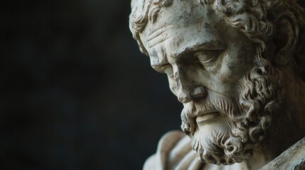 Naklejka premium A detailed marble sculpture of an old stoic man, possibly representing a roman god, showcasing intricate facial features and a contemplative expression.
