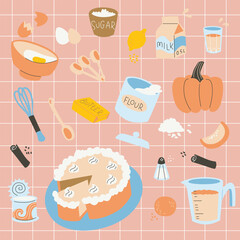 doodle illustration of pumpkin pie ingredients. baking ingredients set. cute hand drawn vector illustration.
