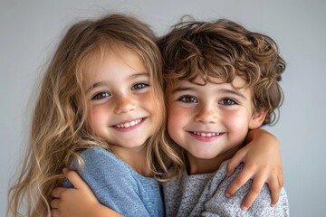 Two cheerful siblings brother and sister hugging each other, isolated, Generative AI