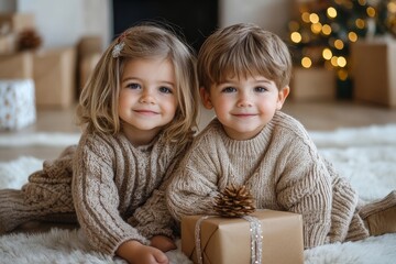 happy siblings sititng on floor together with gifts during christmas eve, Generative AI