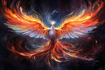 Fototapeta premium A striking phoenix in mid-flight with a fiery, glowing body and tail, surrounded by a halo of flames. Isolated on white background