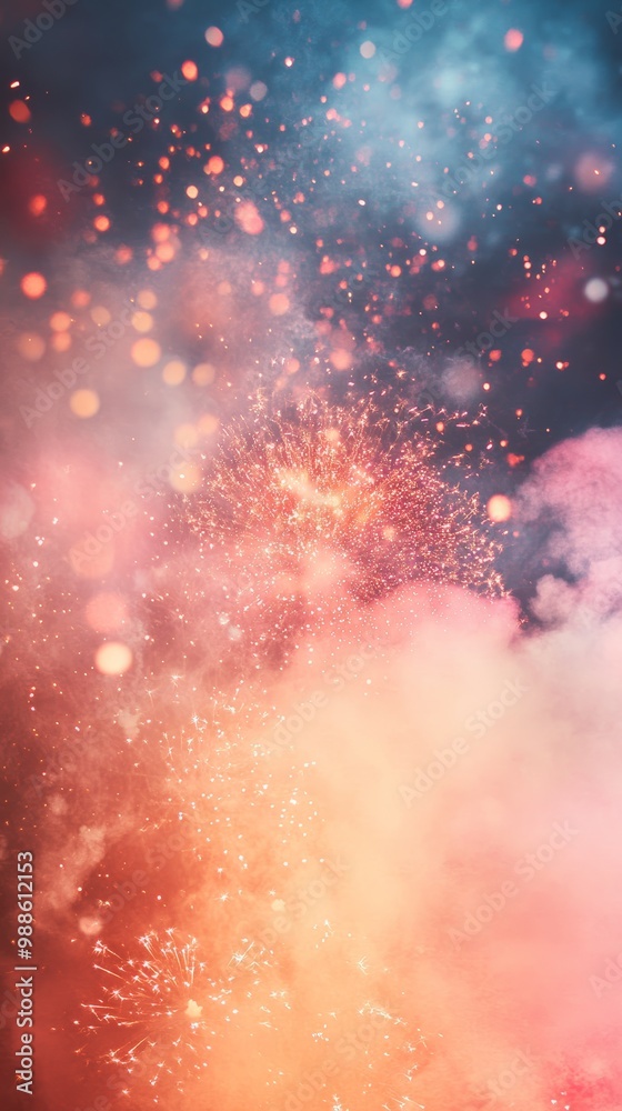 Poster colorful burst of fireworks against a bokeh background in the night sky. ideal for festive new year'