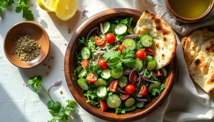 Fresh Afghan Green Salad with Cucumber, Tomatoes, and Red Onions (Afghan Cuisine)