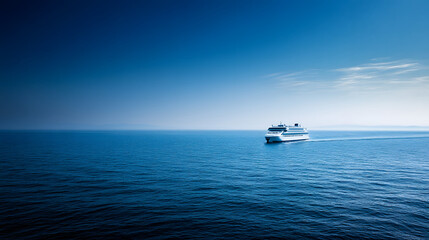 A modern ferry cruising across a vast ocean under a clear blue sky with the distant coastline barely visible.