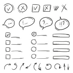 Simple vector hand drawn set of elements, dialog boxes, speech bubbles, arrows, check boxes, text boxes. Signs and symbols for website design, application, banners