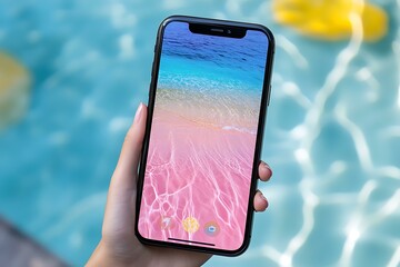 Hand Holding Smartphone With Beach Background