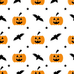 Vector seamless Halloween pattern with orange pumpkin and black bat