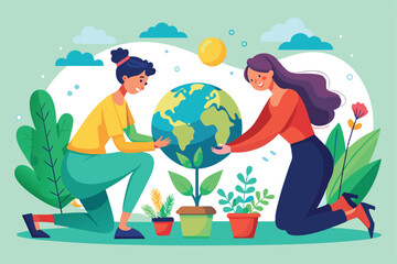Two women kneel and plant a small tree while nurturing the environment on a bright day, A flat vector illustration shows two women planting trees on Earth