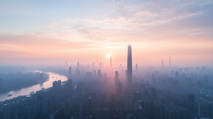 Obraz premium Panoramic aerial view of a bustling metropolis, with high-rise buildings and banks' office centers silhouetted against the vibrant colors of dusk, emphasizing urban growth and glob