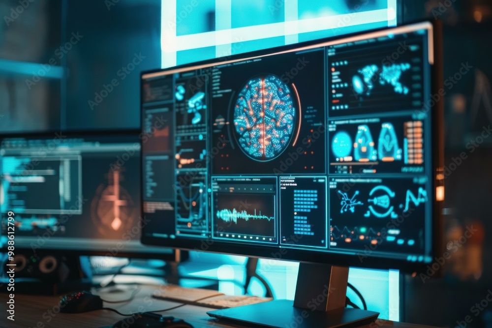 Poster computer screen displaying a futuristic brain scan interface with graphs and data analysis in a mode