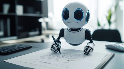 Fototapeta premium Robotic figure drafting a marketing plan on paper in a sleek, modern office environment, highlighting AI-driven business. No people, clean setup.