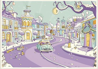 Winter Wonderland Town Illustration with Cartoon Style