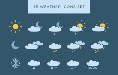 Weather icons set, collection. Weather forecast icon set. All seasons weather icon isolated blue background. Weather, rain, snowflakes, thunderstorm, sunny, cloudy, wind, daylight, night, temperature