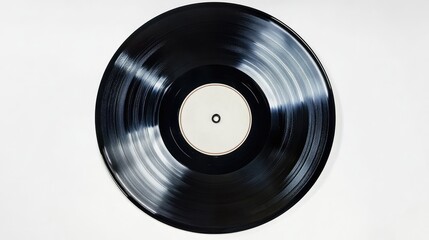 A vintage vinyl record, jet black, sits perfectly centered, its circular grooves visible against the white background.