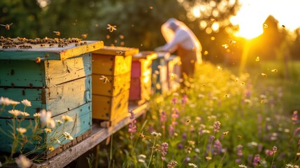 Beekeeper in protective suit works with bees and hives in apiary. Honey and bee. Bees on honeycombs. Cell with honey and bees. Beekeeping. Apiary. Wooden hive and bees.
