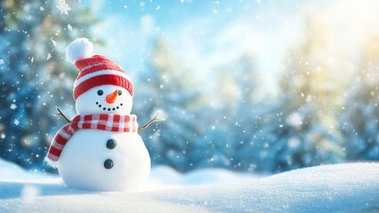Fototapeta premium A festive Christmas card illustration featuring a snowy landscape with a decorated tree, a cozy house, and a cheerful snowman under a starry night sky