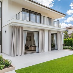 Elegant suburban house with a spacious balcony, soft drapes, and garden furniture