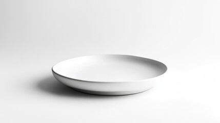 A white ceramic plate with a smooth finish lies flat in the center, standing out against the white background.