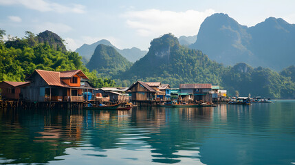 Naklejka premium A peaceful island village with stilt houses built over the water surrounded by mountains.