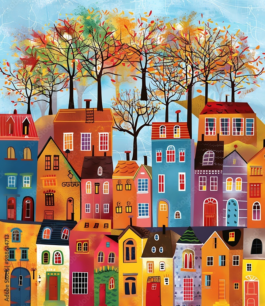 Poster Colorful Autumn Town Illustration