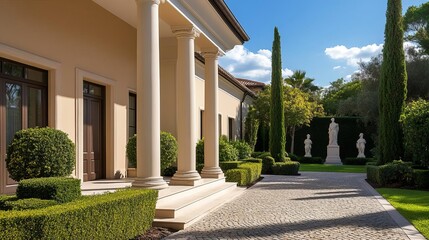 Obraz premium Elegant suburban house with a cobblestone driveway, arched entryway, and lanterns