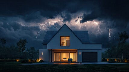 A modern house illuminated under a stormy sky with lightning, creating a dramatic and atmospheric scene.