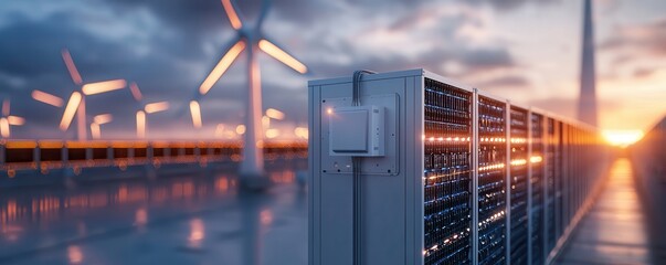 A futuristic landscape featuring wind turbines and a battery storage system, highlighting renewable energy technology during sunset.