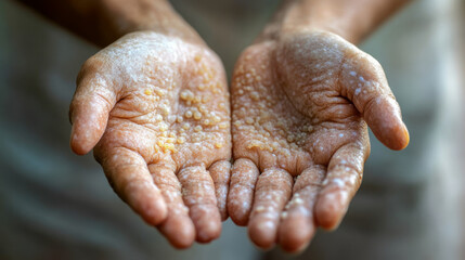 Fototapeta premium Close-up of two hands covered with festering blisters, infected with monkeypox, against a neutral background.
