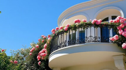 Elegant suburban house with a rounded balcony, ornate railing, and climbing roses