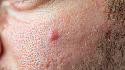 Macro shot of facial skin showing a small acne bump and visible pores, highlighting skin texture and imperfections.
