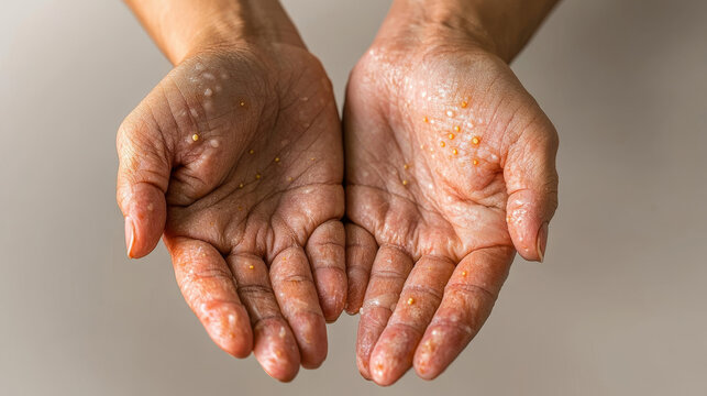 Close-up of two hands covered with festering blisters, infected with monkeypox, against a neutral background.