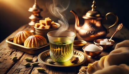 Fototapeta premium Afghan Green Tea (Chai Sabz) with Traditional Sweets and Pastries (Afghan Cuisine)