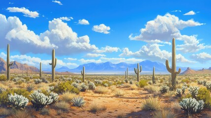 Fototapeta premium A wide-open desert landscape with scattered cacti and a distant mountain range under a brilliant blue sky.
