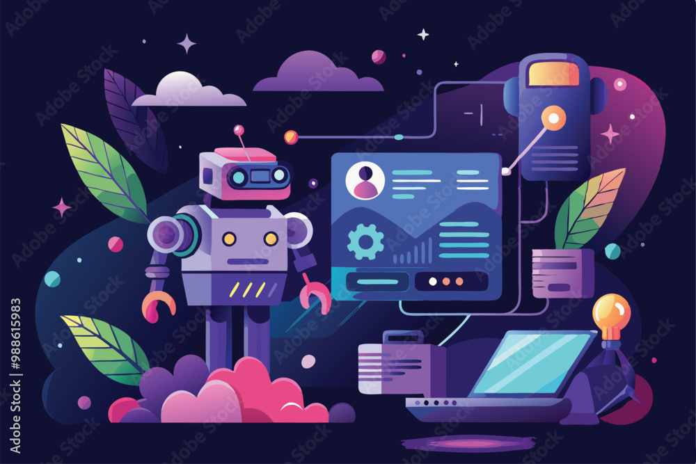 Poster a colorful robot interacts with digital data on a stylish dark-themed webpage design, artificial int