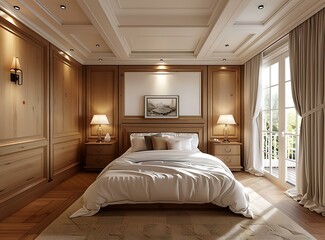Wooden wall panels and headboard background wall designæ•ˆæžœå›¾