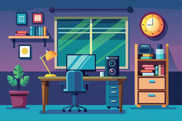 A modern study room with a desk, computer, lamp, and shelves filled with books and a decorative plant, a room with a desk and a computer