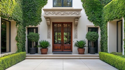 Elegant suburban house with an ornate front door, ivy-covered walls, and potted plants