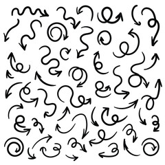 Simple vector hand drawn arrow set. Round, zigzag, curve, spiral shapes. Signs and symbols for website, app, banner design