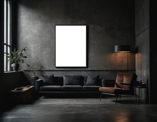 Mockup room for poster or painting in brutalist interior, Photo Frame Mockup, dark colors