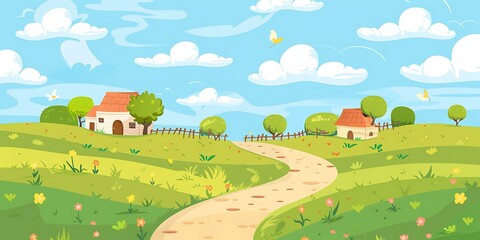 Naklejka premium Cartoon Illustration of a Winding Road Through a Lush Green Meadow with Two Small Houses