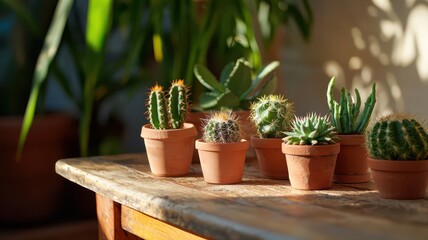 Various cacti in terracotta pots are arranged on a wooden table, illuminated by sunlight, creating a warm and inviting atmosphere.