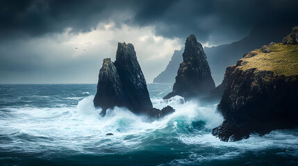 A rocky island with towering sea stacks and wild waves crashing against them under stormy skies.