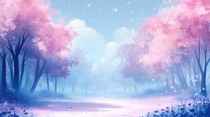 Enchanted Cherry Blossom Forest Landscape at Dusk