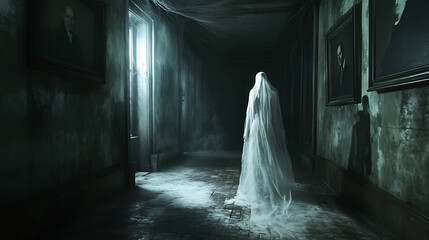 A woman in a white dress is walking down a hallway with a ghostly presence