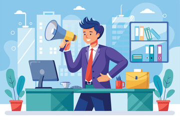 A professional confidently holds a megaphone while leading a discussion in a bright office, Assertive professional using a megaphone in a modern office